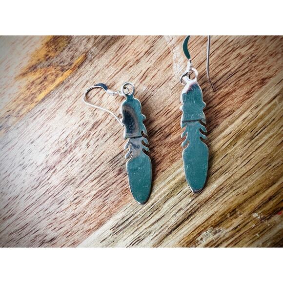 Sterling Silver Feather Earrings with Turquoise Dangles Native Style 925 - Picture 4 of 7